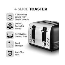 Tower Ash 4 Slice Toaster With Dual Controls Defrost/Reheat/Cancel 1850W - Black & Chrome