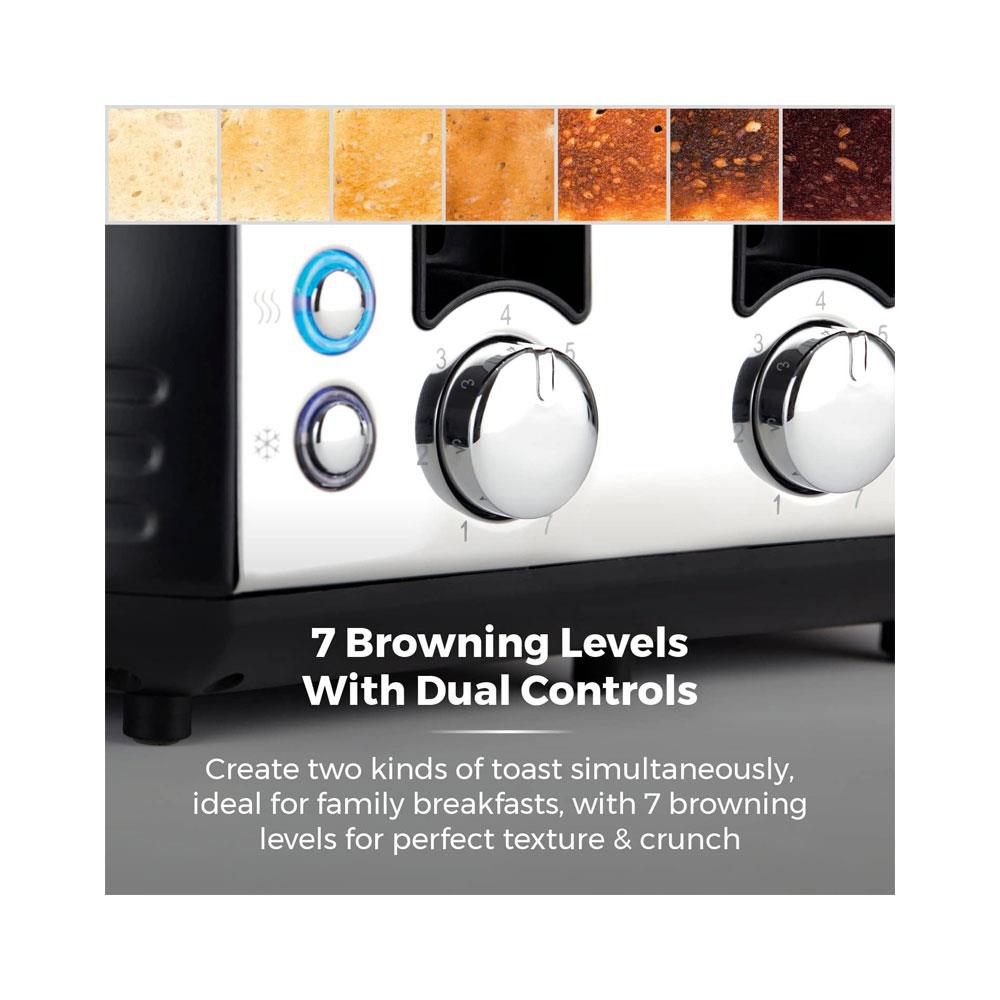 Tower Ash 4 Slice Toaster With Dual Controls Defrost/Reheat/Cancel 1850W - Black & Chrome