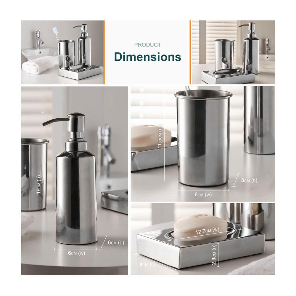 OurHouse Bathroom Caddy 3 Piece Set Accessories Toothbrush Holder Handwash Lotion Soap Dispenser & Soap Dish - Chrome
