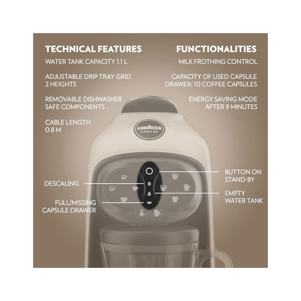 Lavazza A Modo Mio Desea Capsule Pod Coffee Machine Fully Automatic 1500W 1 Litres - White Cream