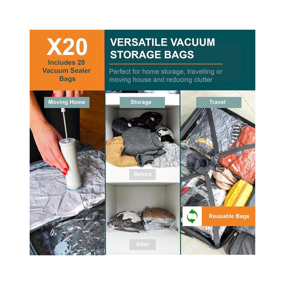 OurHouse Vacuum Storage Bags Set of 20 With Pump Compression Zip Lock Seal Bag - Clear