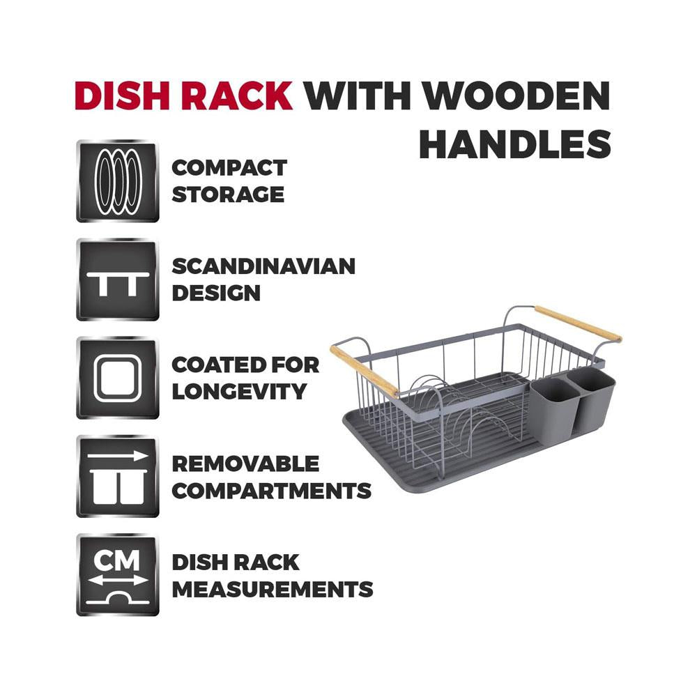 Tower Scandi Dish Rack With Wooden Handles For 9 Full Sized Plates - Grey