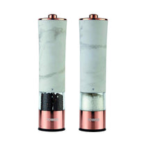 Tower Electric Salt And Pepper Mill With LED Light Battery Operated - White Marble And Rose Gold