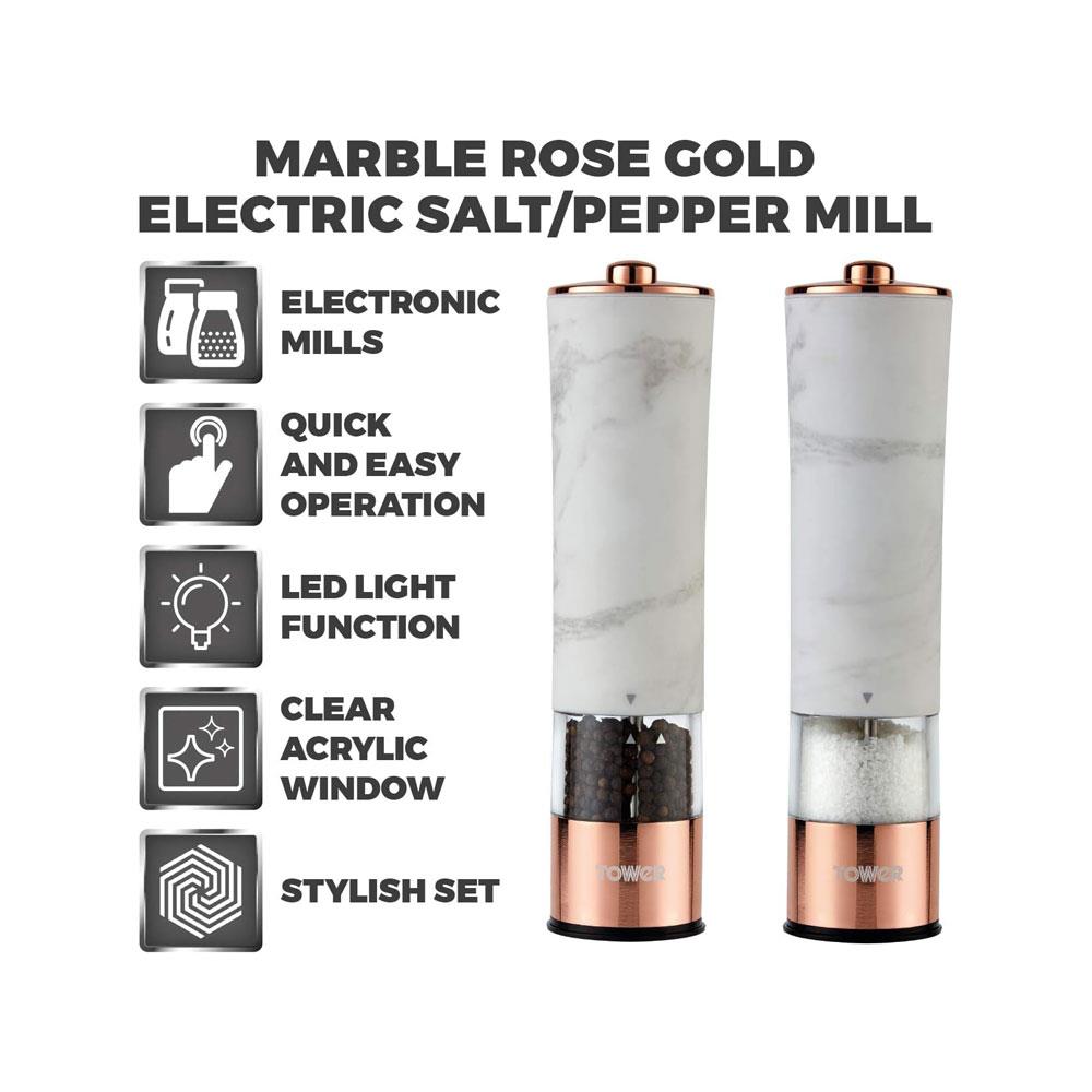 Tower Electric Salt And Pepper Mill With LED Light Battery Operated - White Marble And Rose Gold Secondary image