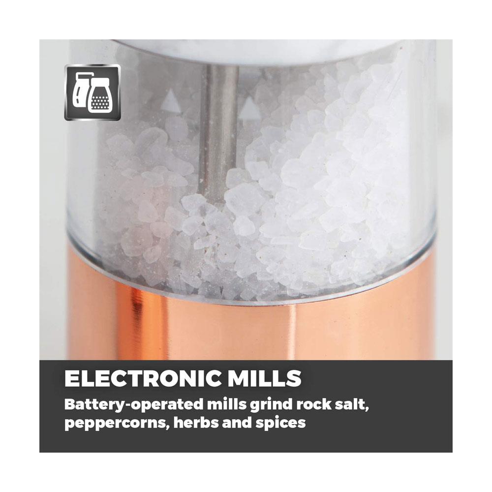 Tower Electric Salt And Pepper Mill With LED Light Battery Operated - White Marble And Rose Gold