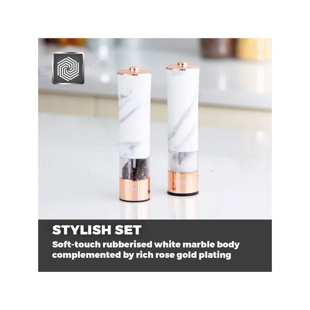 Tower Electric Salt And Pepper Mill With LED Light Battery Operated - White Marble And Rose Gold