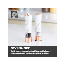 Tower Electric Salt And Pepper Mill With LED Light Battery Operated - White Marble And Rose Gold