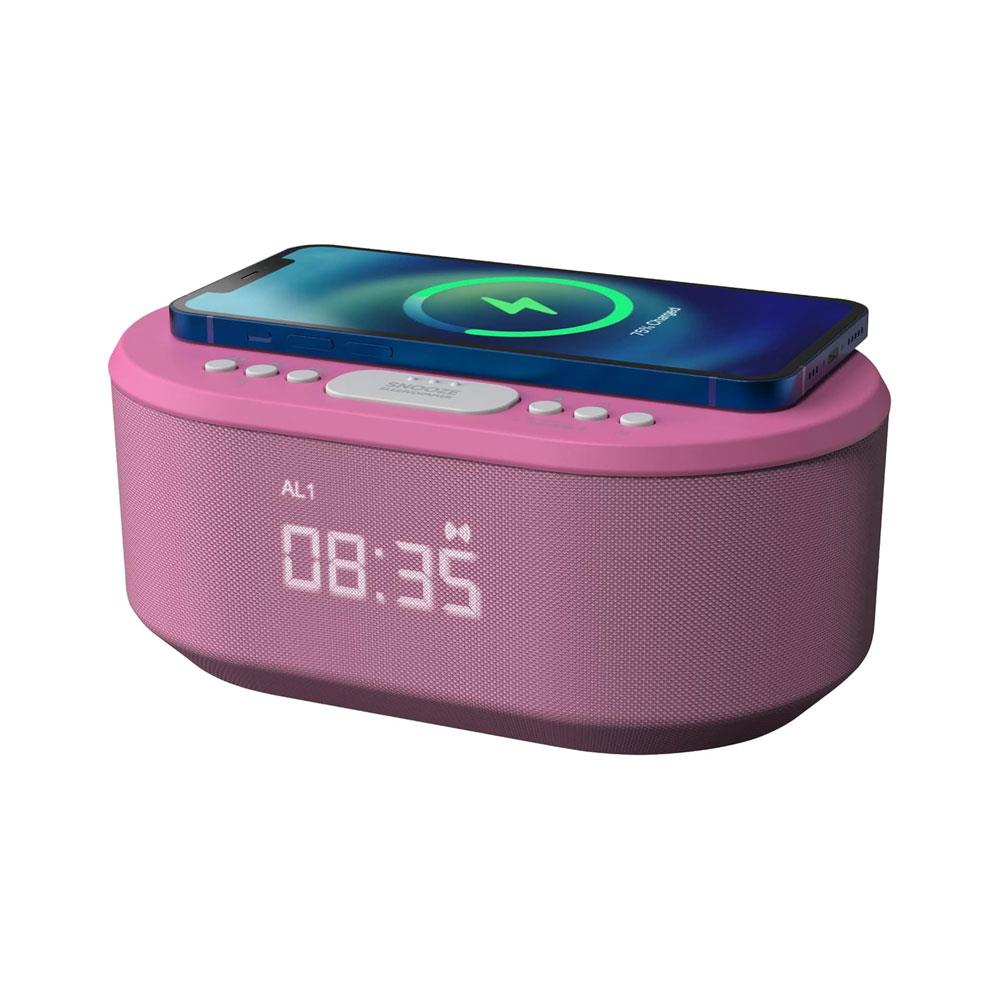 i-box Dawn Bedside Alarm Clock FM Radio Non Ticking With QI Wireless Charging Bluetooth Speaker Dimmable LED Display - Pink Main image