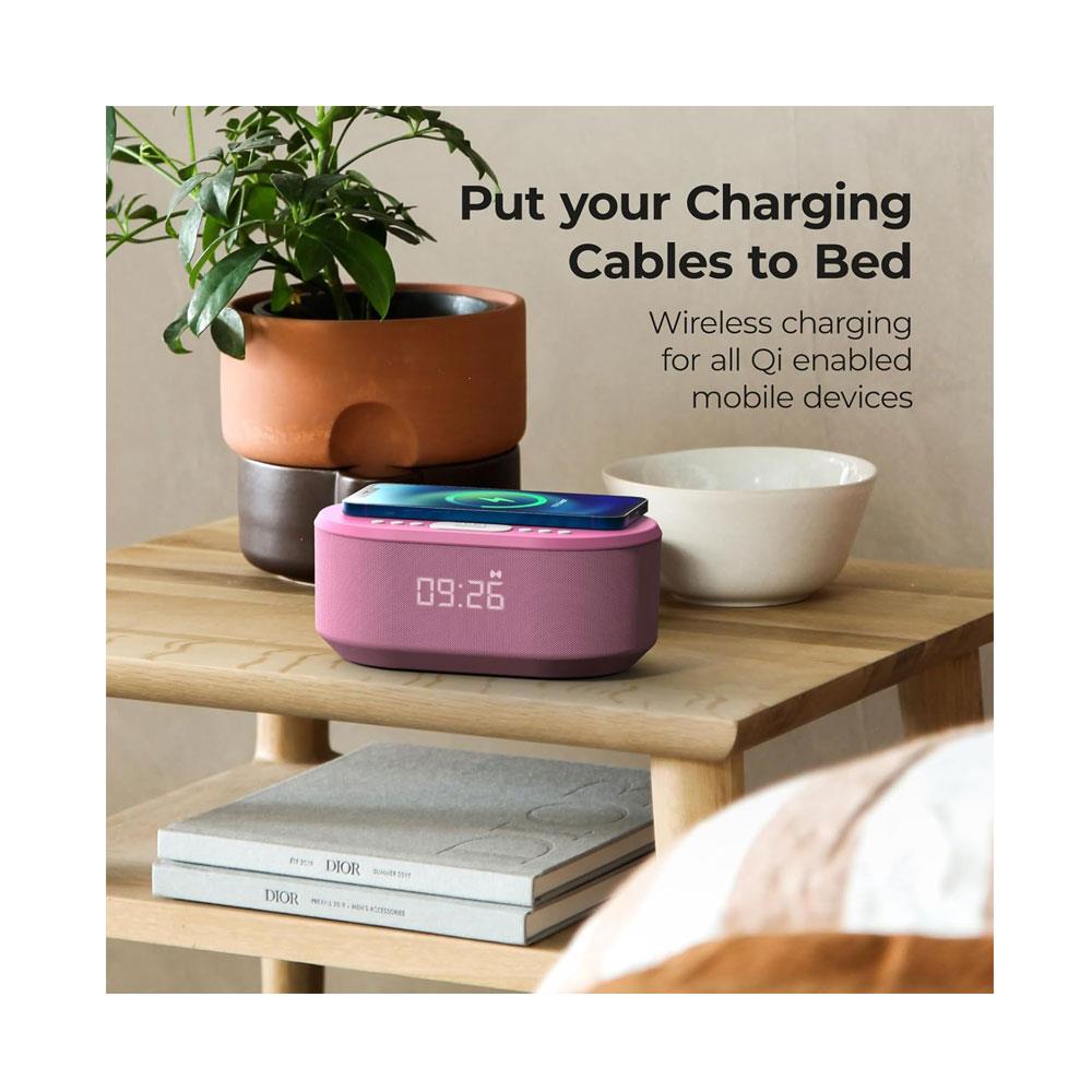 i-box Dawn Bedside Alarm Clock FM Radio Non Ticking With QI Wireless Charging Bluetooth Speaker Dimmable LED Display - Pink Secondary image