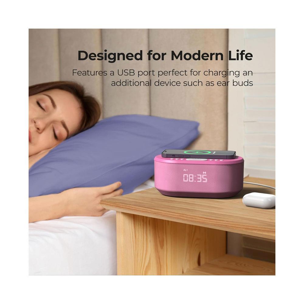 i-box Dawn Bedside Alarm Clock FM Radio Non Ticking With QI Wireless Charging Bluetooth Speaker Dimmable LED Display - Pink