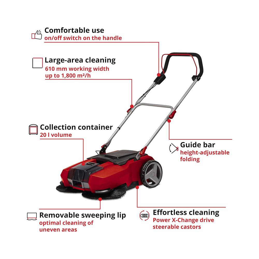 Einhell TE-SW 18/610 Li-Solo 18V Cordless Push Sweeper Power X-Change 20 Litres Dirt Tank Battery Not Included - Red
