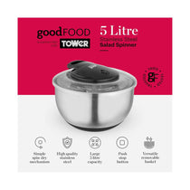 Tower Good Food Salad Spinner With Removable Basket Stainless Steel 5 Litre - Silver