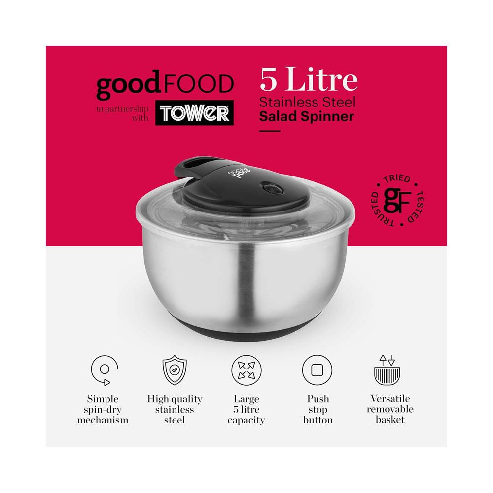 Tower Good Food Salad Spinner With Removable Basket Stainless Steel 5 Litre - Silver