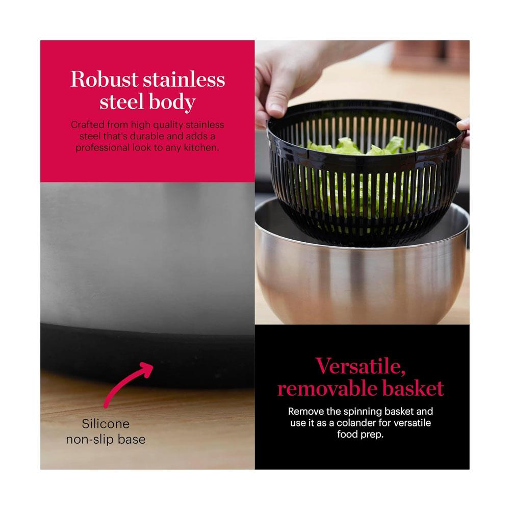 Tower Good Food Salad Spinner With Removable Basket Stainless Steel 5 Litre - Silver