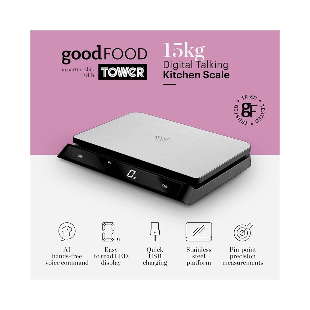 Tower Good Food Electronic Kitchen Scale Voice Control LED Display USB 15kg Capacity - Silver/Black Secondary image