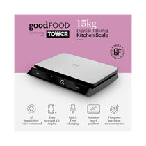 Tower Good Food Electronic Kitchen Scale Voice Control LED Display USB 15kg Capacity - Silver/Black