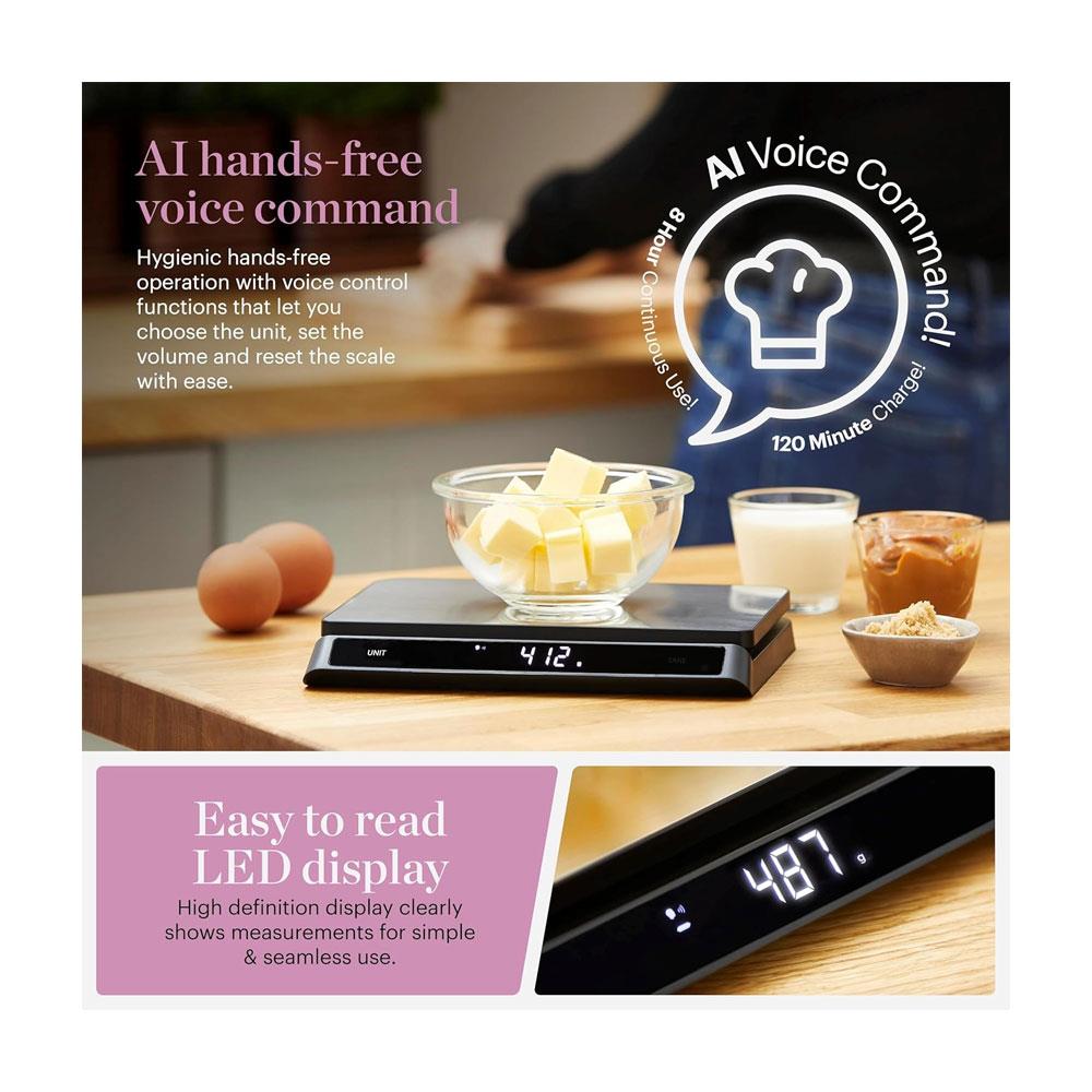 Tower Good Food Electronic Kitchen Scale Voice Control LED Display USB 15kg Capacity - Silver/Black
