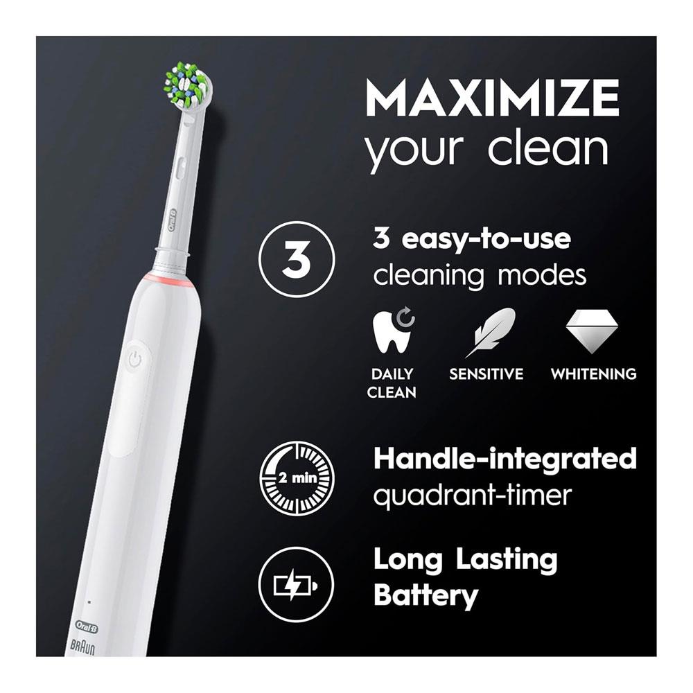 Oral-B Pro Series 3 Electric Toothbrushes 1 Cross Action Toothbrush Head With Travel Case 3 Modes With Whitening - White