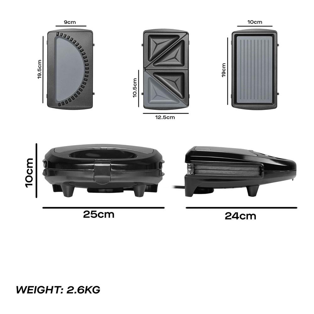 Daewoo 3-In-1 Sandwich Toastie Maker Panini & Crimp Wrap Crimper Maker 750W - Black