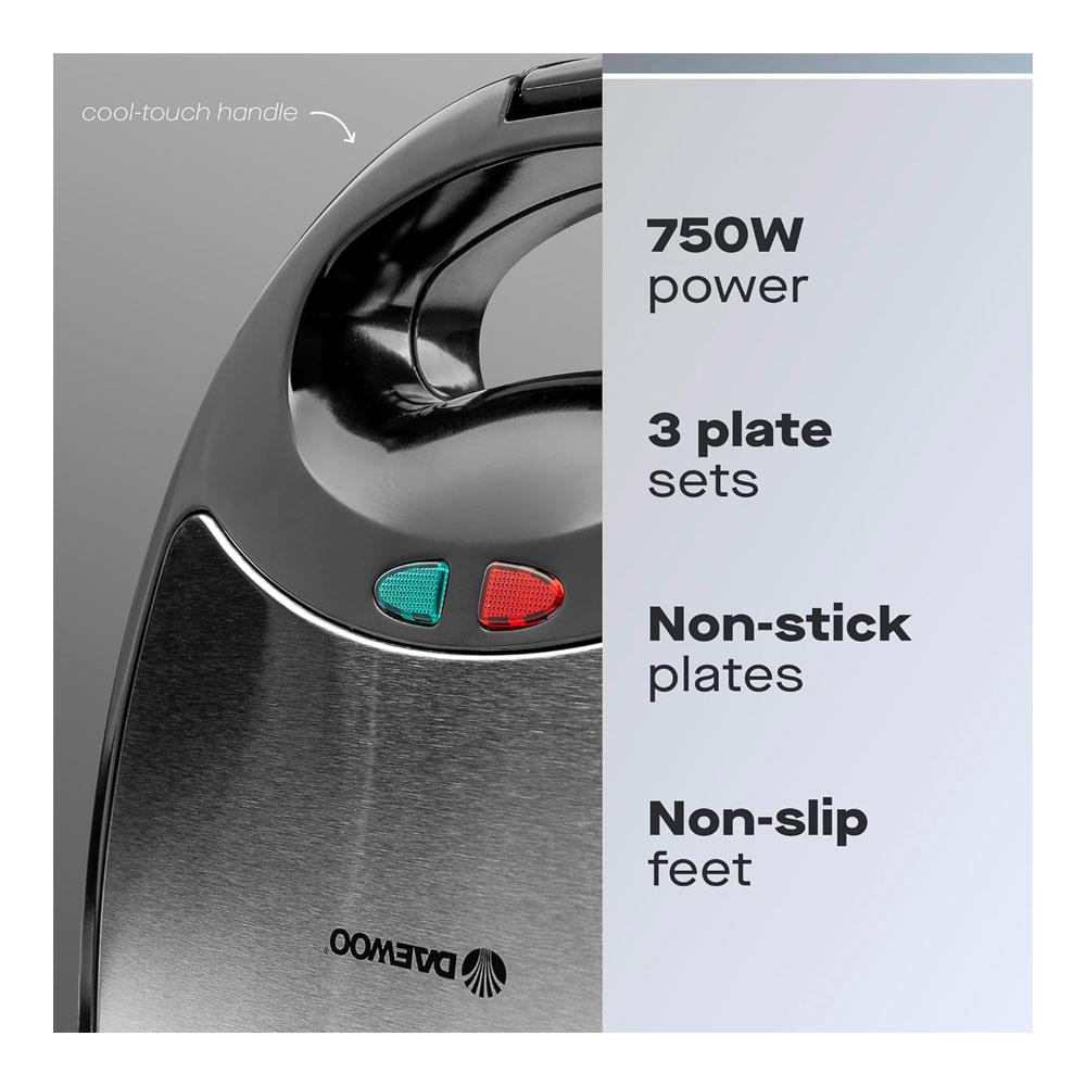 Daewoo 3-In-1 Sandwich Toastie Maker Panini & Crimp Wrap Crimper Maker 750W - Black