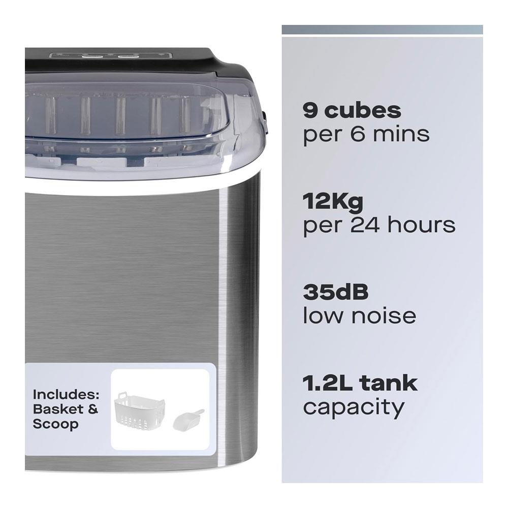 Daewoo Portable Ice Maker 12kg 9 Bullet Cubes In 6 Minutes 2 Size Options 130W - Silver