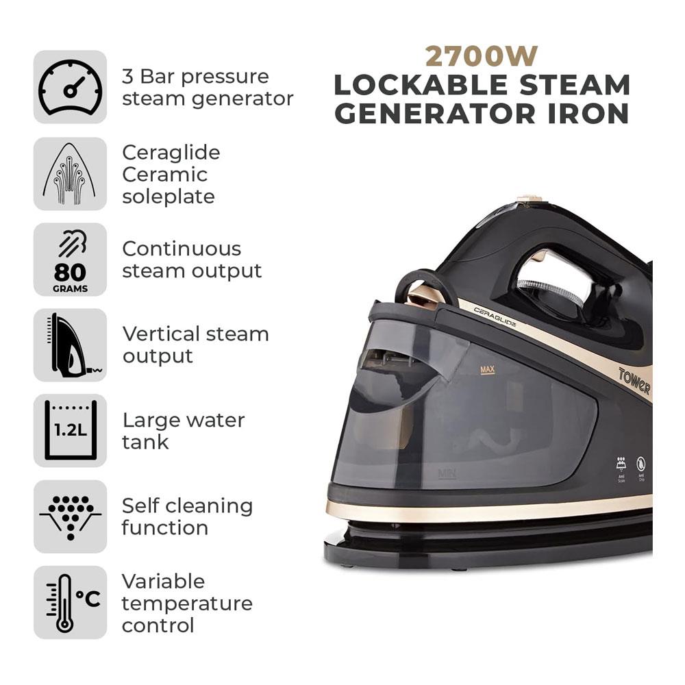 Tower Ceraglide Steam Generator Iron 2700W 1.2 Litres - Champagne Gold & Black Secondary image