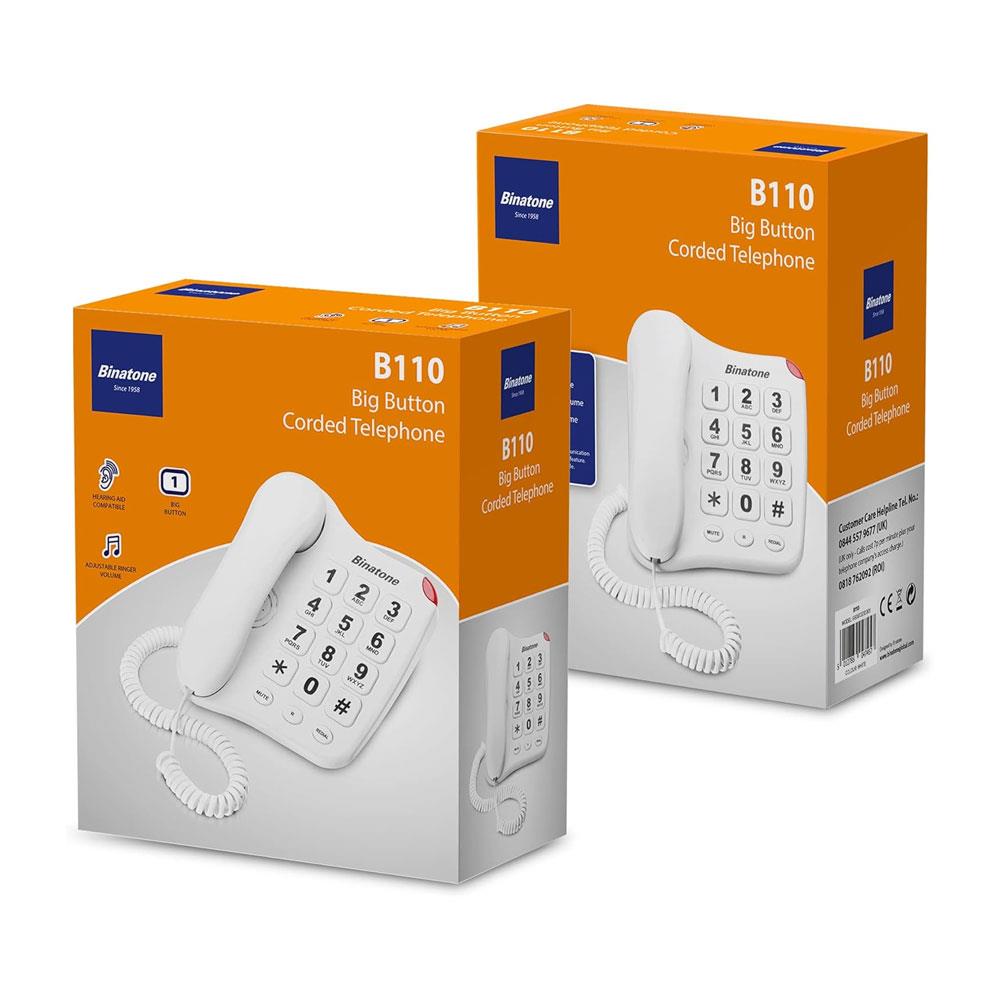 Binatone Big Button 110 Corded Phone Hearing Aid Compatible Redial Button - White