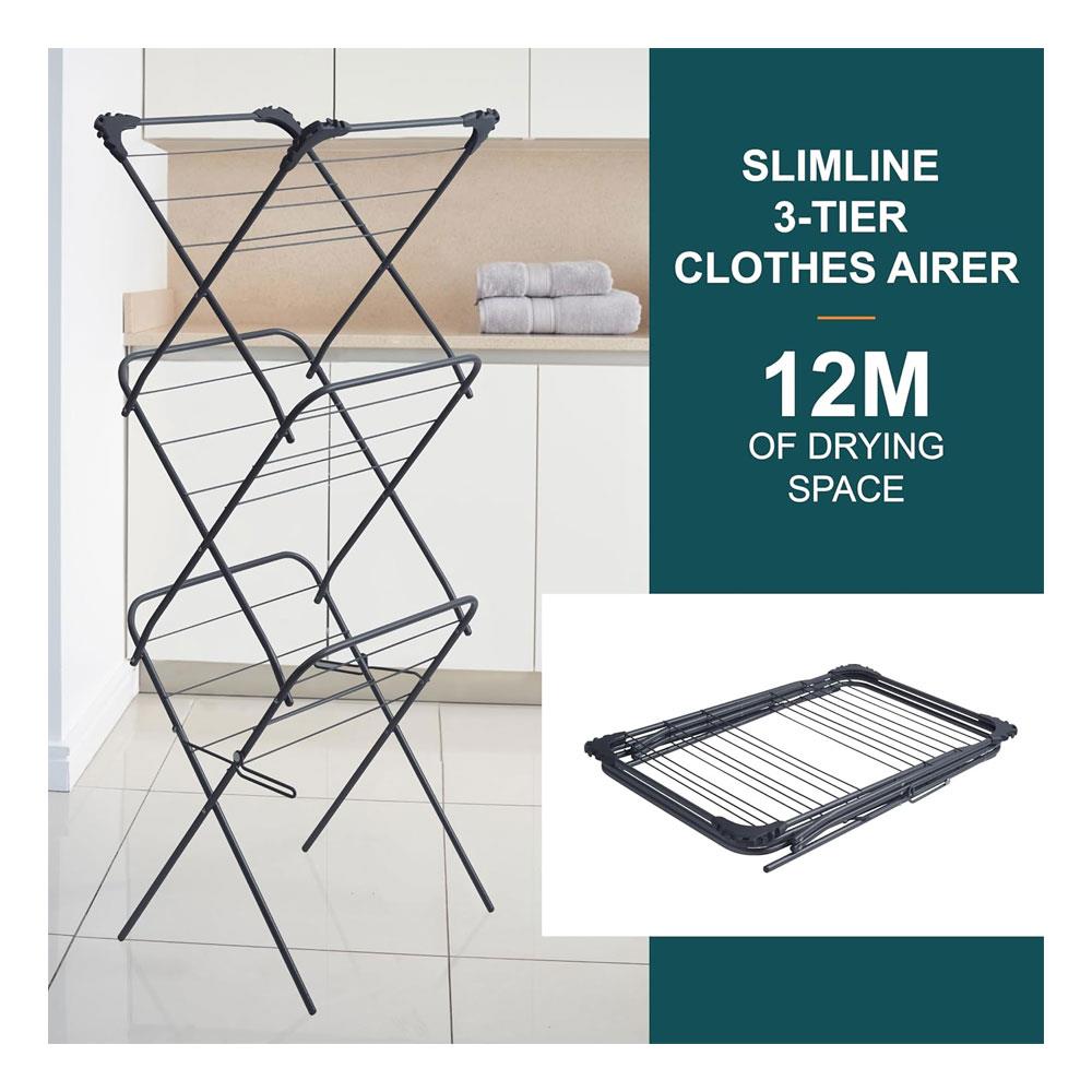 OurHouse Slimline 3-Tier Clothes Airer Dryer 12m Drying Space 15kg Capacity - Grey