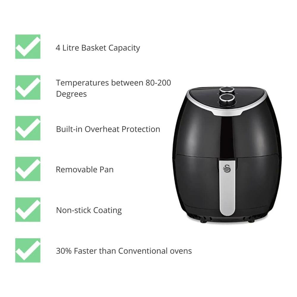 Swan Manual Air Fryer Rapid Air Circulation 1400W 4 Litres - Black