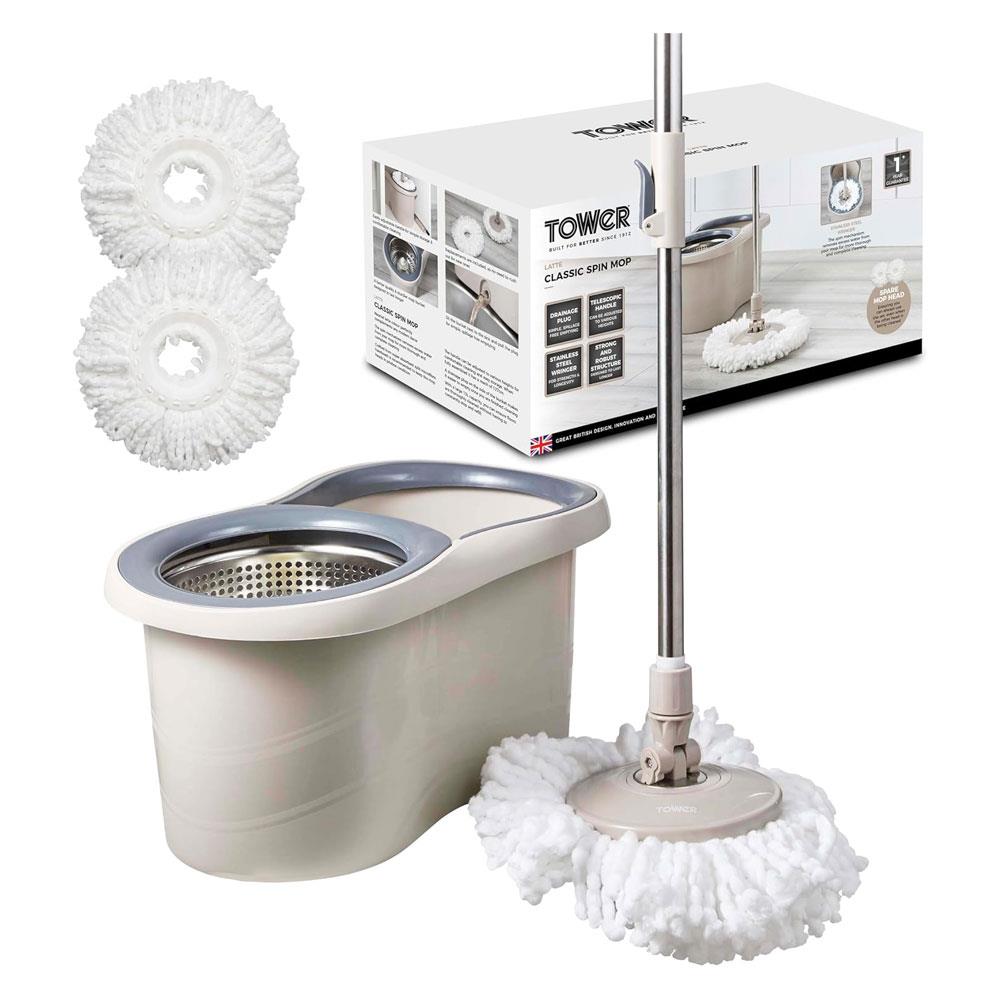 Tower Classic Spin Mop Stainless Steel Wringer Collapsible Handle - Latte Main image