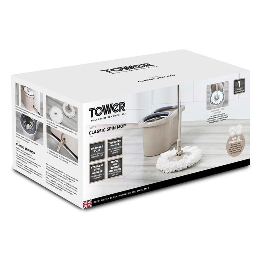 Tower Classic Spin Mop Stainless Steel Wringer Collapsible Handle - Latte