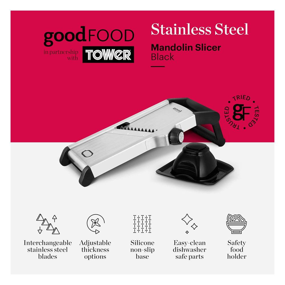 Tower Good Food Mandolin Slicer Durable Precision Stainless Steel Blades - Silver/Black