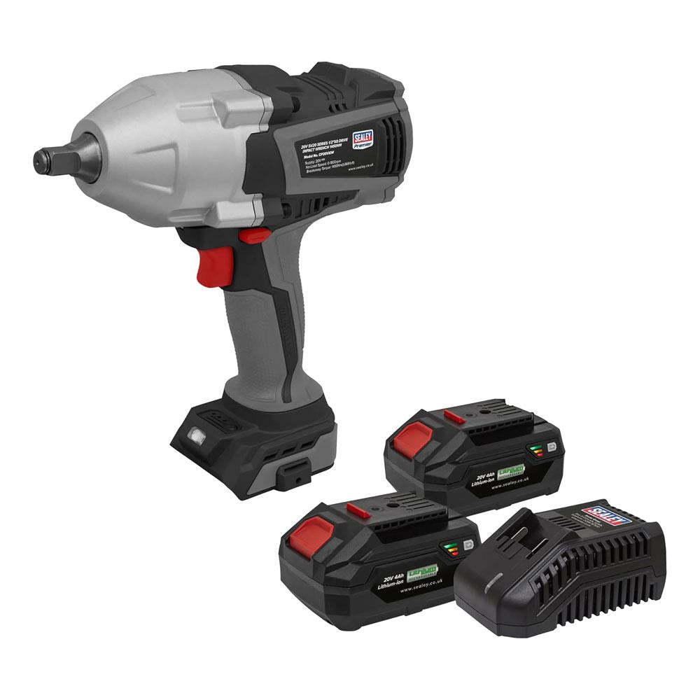 Sealey SV20 Series Brushless Cordless Impact Wrench Kit 20V 4Ah 2 Batteries - Black