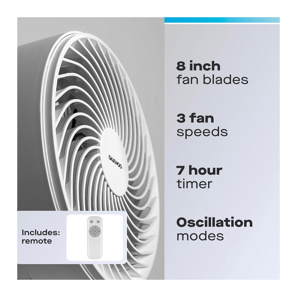Daewoo 8 Inch Desktop Air Circulator Fan 3 Speed Settings Quiet Oscillating Remote Control 35W - White