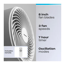 Daewoo 8 Inch Desktop Air Circulator Fan 3 Speed Settings Quiet Oscillating Remote Control 35W - White