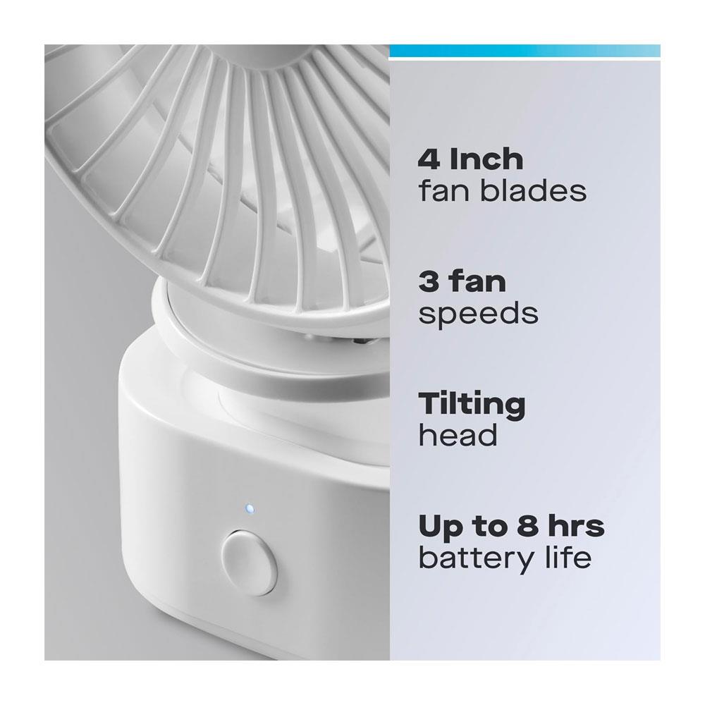 Daewoo 4 Inch Portable Rechargeable Desk Fan 3 Speed Settings - White