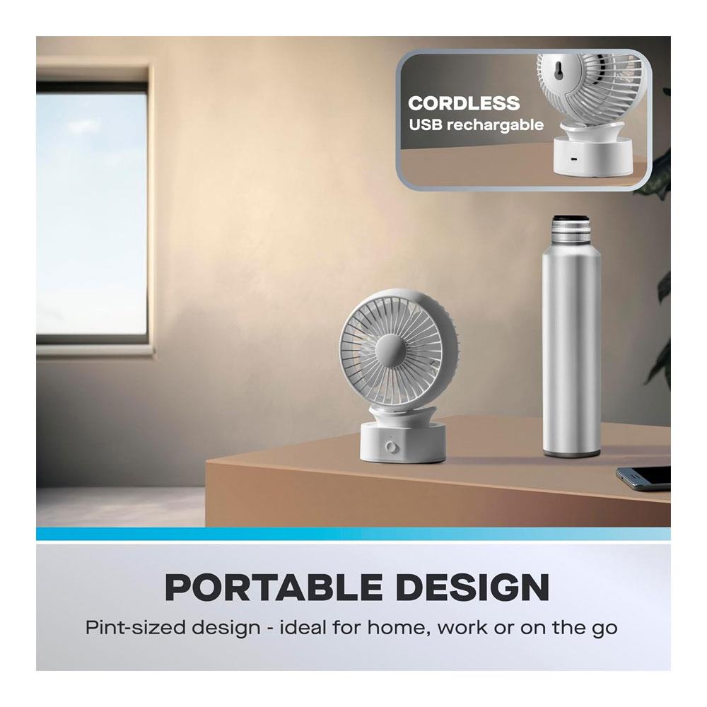Daewoo 4 Inch Portable Rechargeable Desk Fan 3 Speed Settings - White