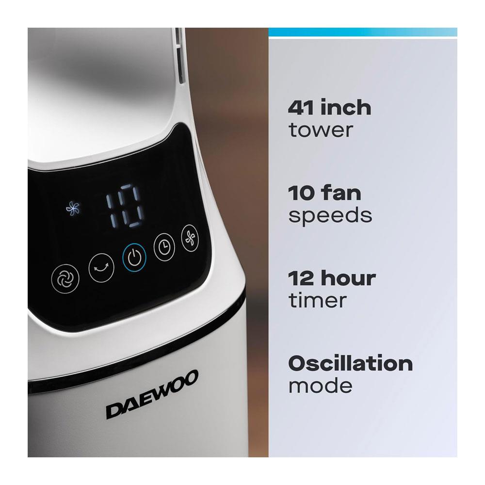 Daewoo 2-In-1 Bladeless Tower Fan With Air Purifier HEPA Filter Quiet Oscillation AI Smart Mode Remote Control 33W - White
