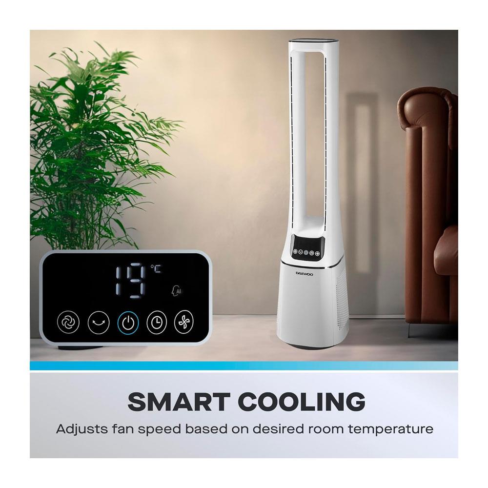 Daewoo 2-In-1 Bladeless Tower Fan With Air Purifier HEPA Filter Quiet Oscillation AI Smart Mode Remote Control 33W - White