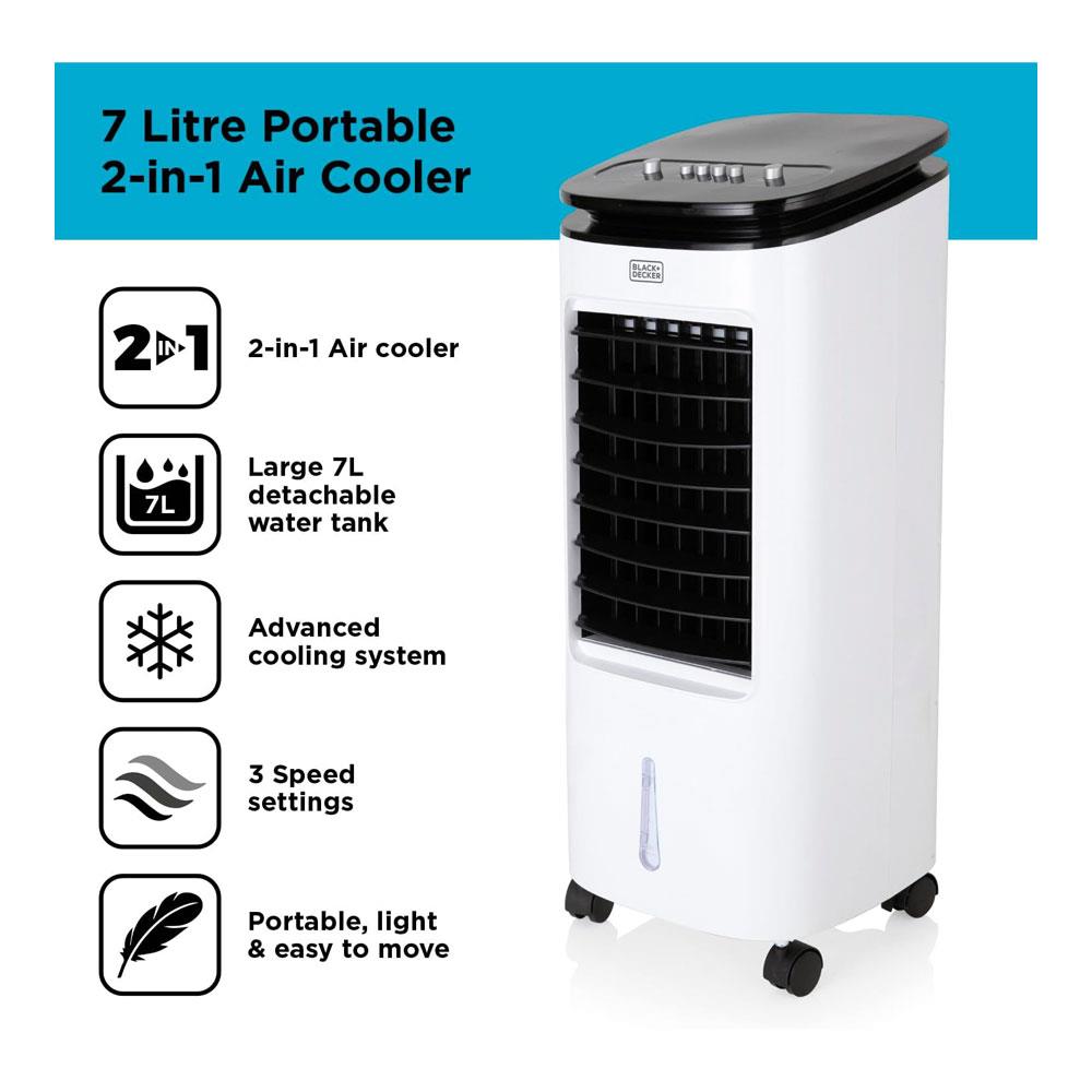Black & Decker Portable 2-In-1 Air Cooler 3 Speed Settings 65W 7 Litre Water Tank - White
