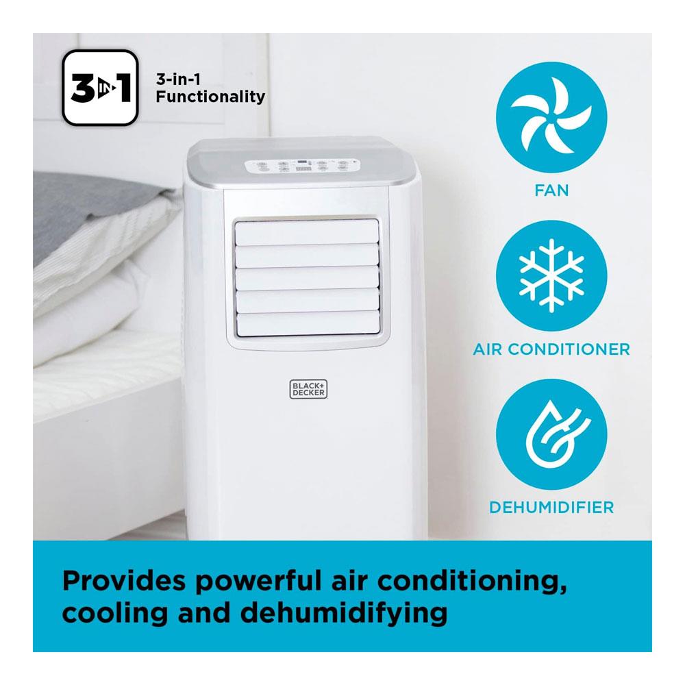 Black & Decker Portable 7000 BTU 3-In-1 Air Conditioner Dehumidifier & Cooling Fan 2 Speed Settings Remote Control - White