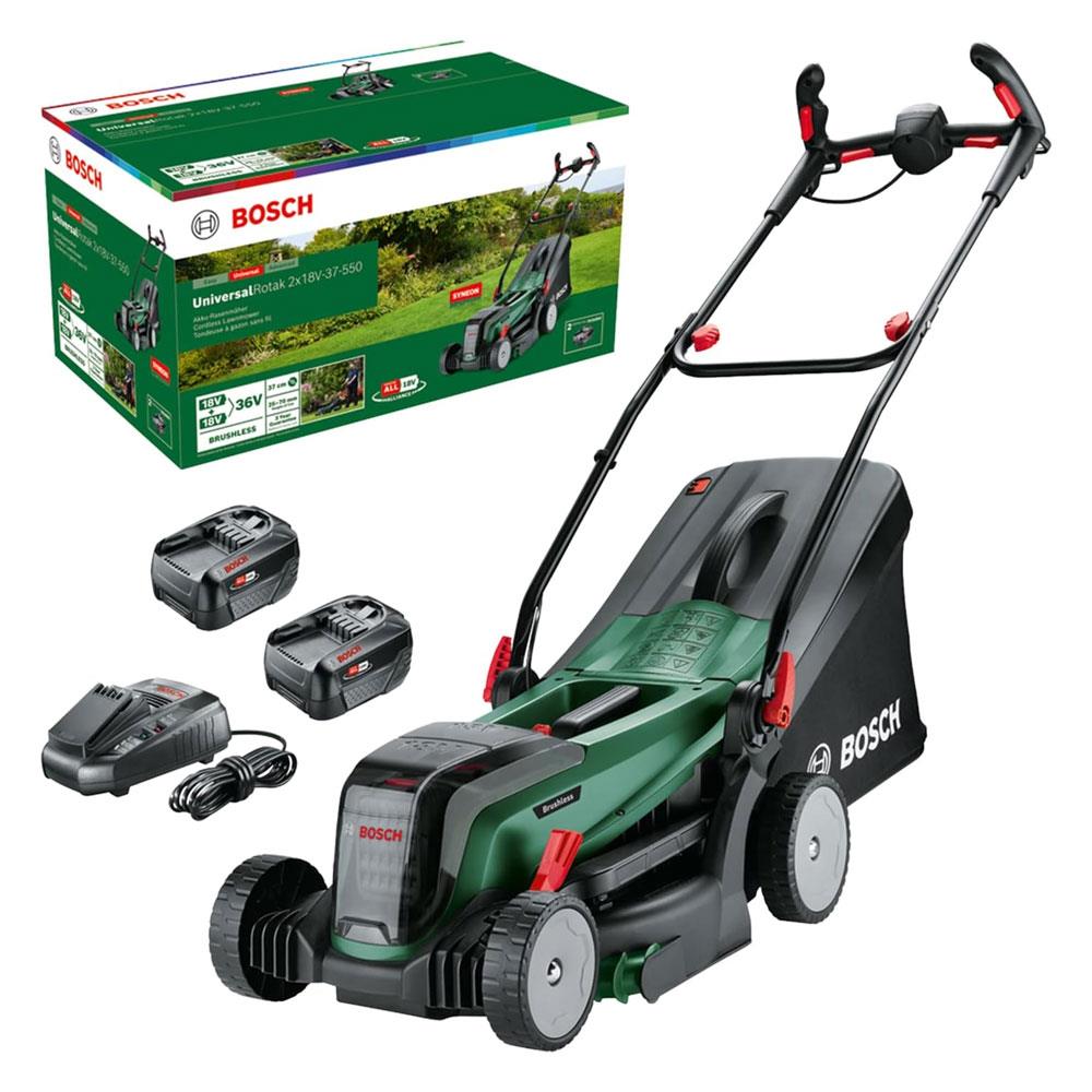 Bosch Universal Rotak 2x18V-37-550 Cordless Lawnmower 2 x 4.0 Ah Batteries & Charger - Green