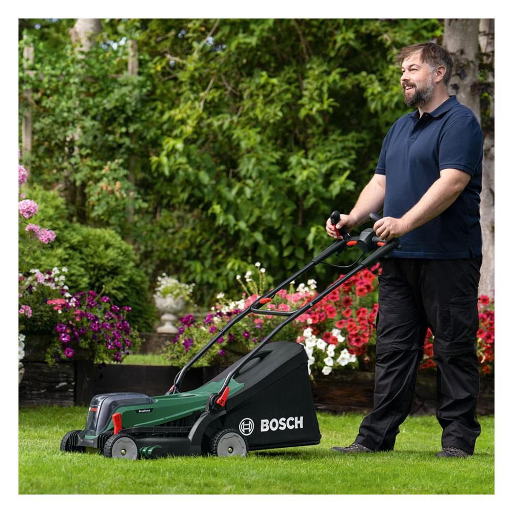 Bosch Universal Rotak 2x18V-37-550 Cordless Lawnmower 2 x 4.0 Ah Batteries & Charger - Green