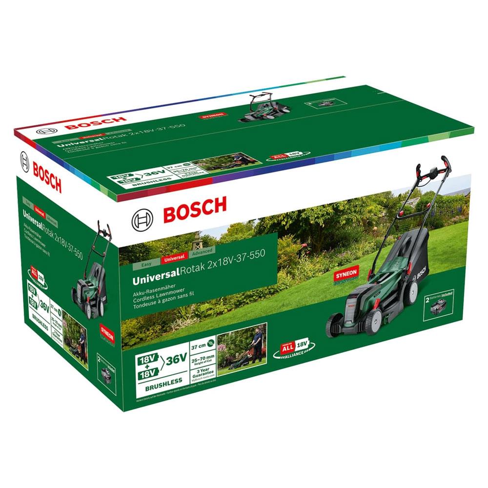 Bosch Universal Rotak 2x18V-37-550 Cordless Lawnmower 2 x 4.0 Ah Batteries & Charger - Green