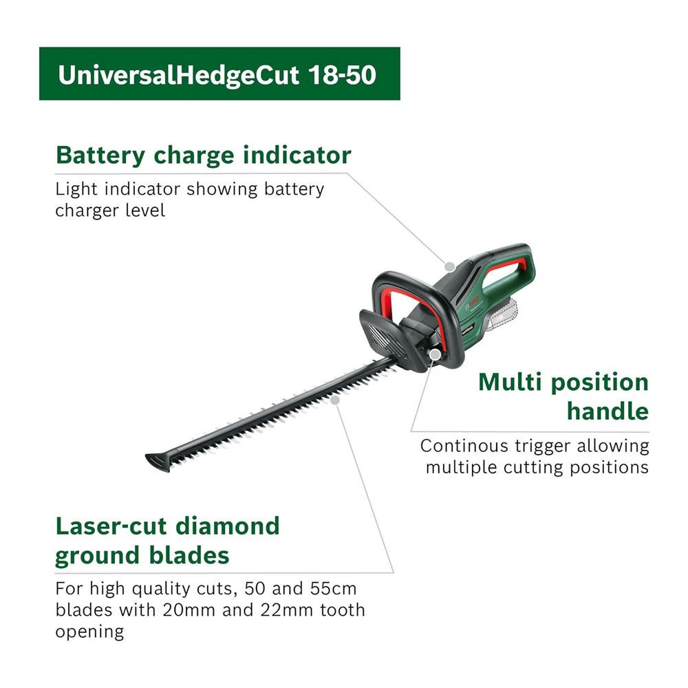 Bosch UniversalHedgeCut 18V-50 Cordless Hedgecutter 1 x 2.5 Ah Battery & AL 1830 CV Charger - Classic Green