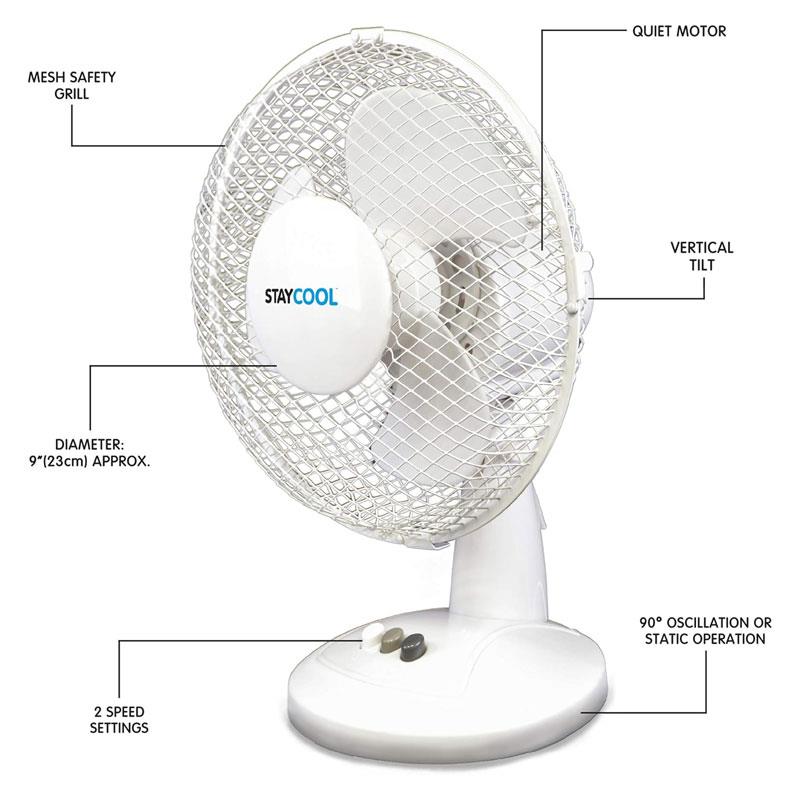 Lloytron 9 Inch Desk Fan 2 Speed Settings Oscillation Adjustable Vertical Tilt 22W - White