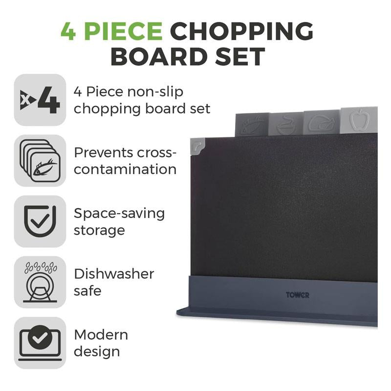 Tower 4 Piece Chopping Board Set With Stand - Black