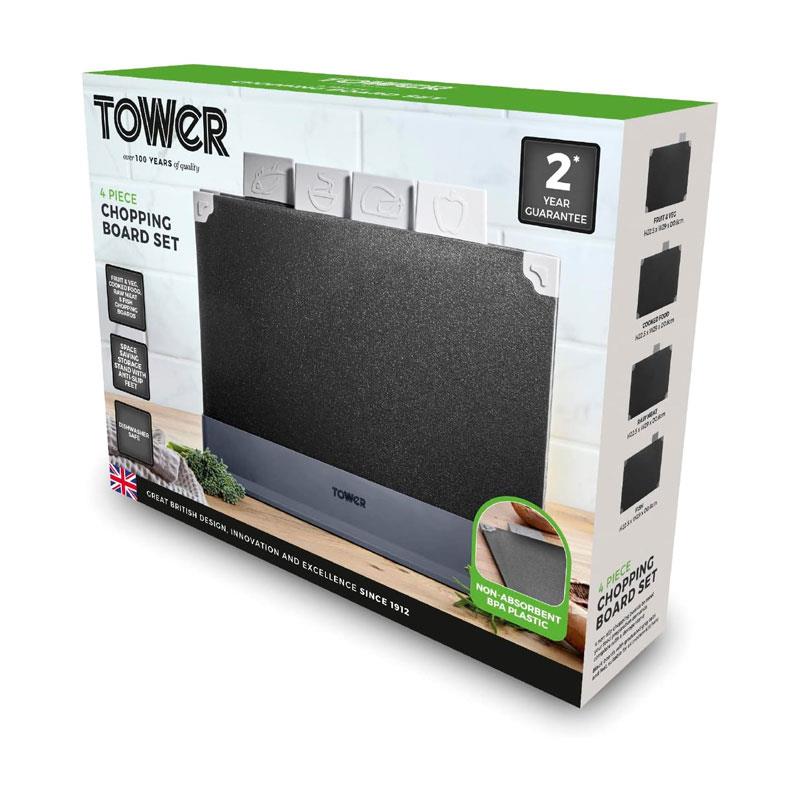 Tower 4 Piece Chopping Board Set With Stand - Black