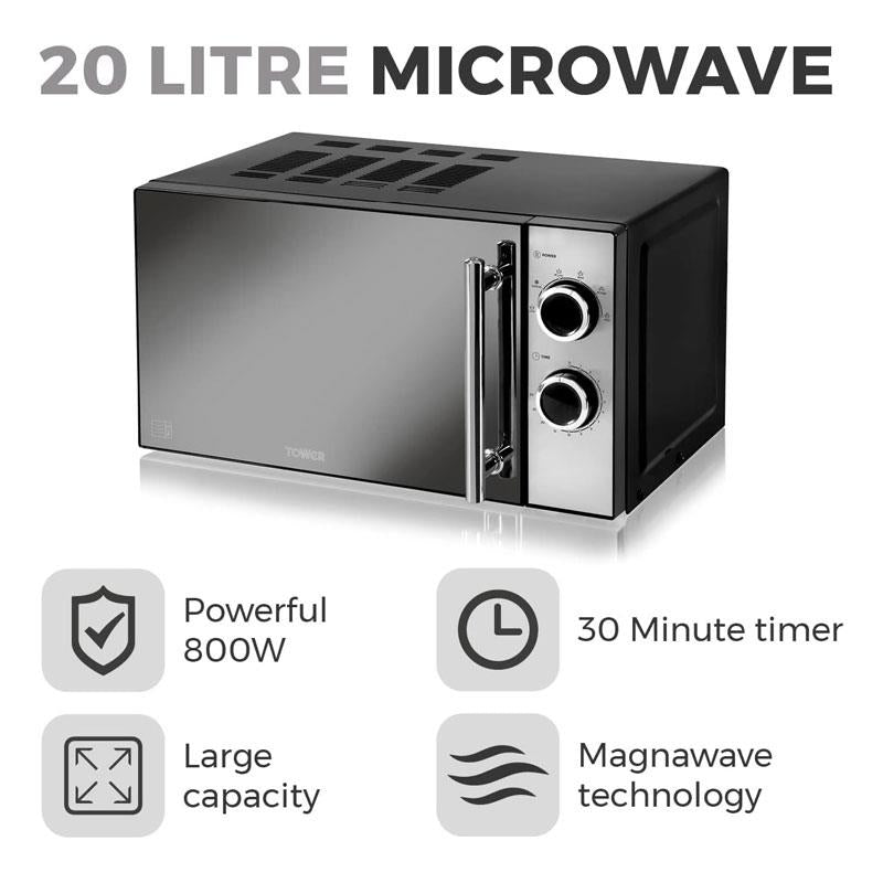 Tower Manual Microwave 20 Litres 800W 5 Power Levels 30 Minute Timer - Black