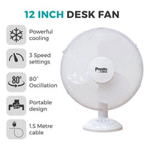 Tower Presto 12 Inch Desk Fan 3 Speed Settings 80° Oscillation 35W - White